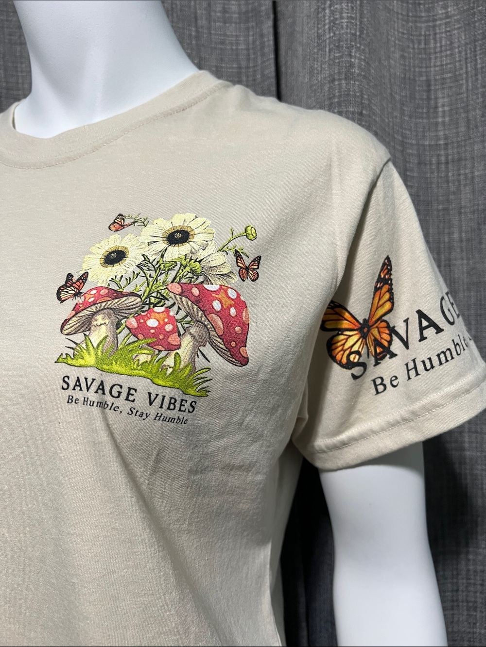 Savage Vibes Graphic Boxy Tee with Yellow Flowers, Mushrooms & Butterflies Small - Picture 8 of 9